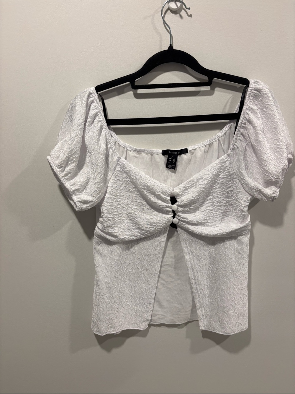 Forever 21 White Puff Sleeve Front-Tie Buttoned Blouse